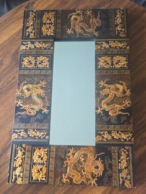 Ornate Chinese Vintage Black & Gold Dragon Wall Mirror Frame 16x25"